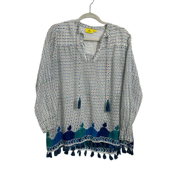 Roller Rabbit Polka Dot Peasant Blouse Fringe Tassel Hem Women's Size Medium - Picture 1 of 6